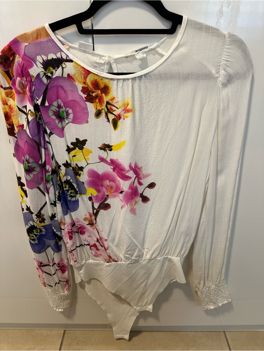 Desigual White Floral-Print Long-Sleeve Bodysuit